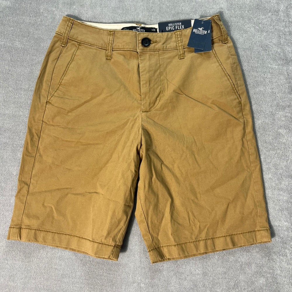 Hollister Epic Flex Flat Front Chino Shorts Khaki Tan 26 Mens 9 Inch Inseam NWT